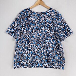 Ann Taylor Top Blouse Womens Large Blue White Black Floral Boxy Short Sleeve